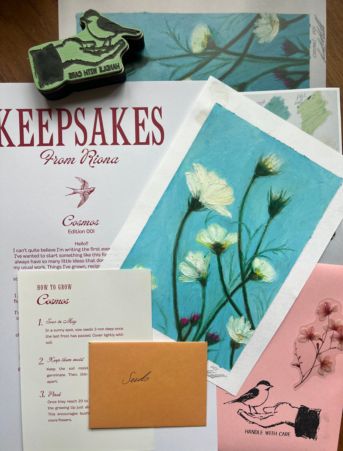 Keepsakes floral artwork, letter, seeds and illustrated stationery